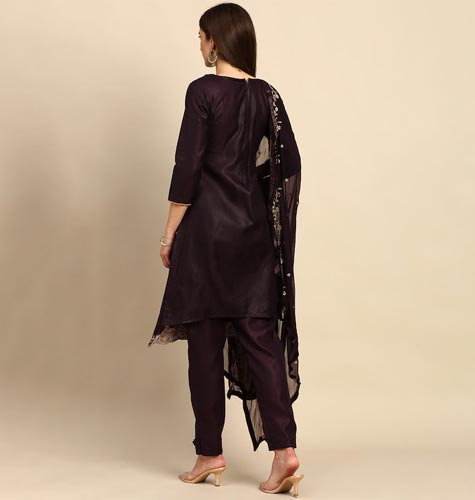 Wine-Coloured & Golden Zari Embroidered Unstitched Dress Material